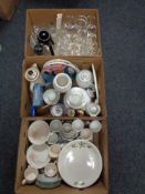 Three boxes of china and glass, boxed Wedgwood dish, Denby teapot,