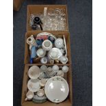 Three boxes of china and glass, boxed Wedgwood dish, Denby teapot,