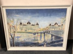 Continental School : oil on canvas depicting buildings by a river, framed.