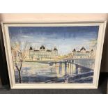 Continental School : oil on canvas depicting buildings by a river, framed.