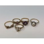 Five various gold rings set with pearl, amethyst, diamonds etc CONDITION REPORT: 11.