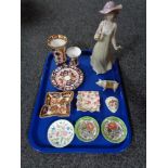 A tray of Nao figure - girl with flower, Maling pin dishes, Royal Crown Derby vases,