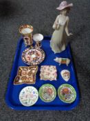 A tray of Nao figure - girl with flower, Maling pin dishes, Royal Crown Derby vases,