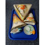 A tray of Gray's pottery hand painted Sun Buff triangular dish, wall pocket, Arthur Wood pockets,