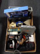 Two boxes of Panasonic DVD player, glass chess set, boxed Die cast vehicles,