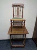 An Edwardian inlaid mahogany bedroom chair together with an oak occasional table