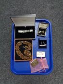 A tray of silver bracelet, Swarovski cuff links, dress stud, necklace etc.