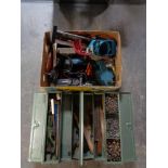 A box of assorted power tools, metal too box,