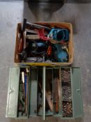 A box of assorted power tools, metal too box,