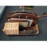 A box of leather holdall, bed warming pan, two wooden lawn bowls,