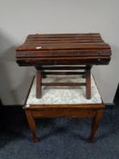 An Edwardian storage piano stool together with a wooden slatted stool on X-frame.