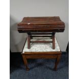 An Edwardian storage piano stool together with a wooden slatted stool on X-frame.