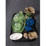 A tray of Hummell figure -choir boy, green art deco style dressing table set,