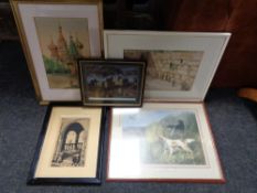 A framed Harry Bell signed print - Newcastle skyline 49/2500 together with four other pictures