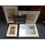 A framed Harry Bell signed print - Newcastle skyline 49/2500 together with four other pictures