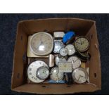 A box of mid century and later alarm and wall clocks