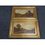 A pair of antiquarian gilt framed oils on canvas of rural landscapes in gilt moulded frames.