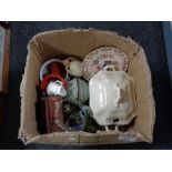 A box of china and glass, antique tureen, glass basket,
