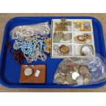 A tray of assorted costume jewellery, beaded necklaces,
