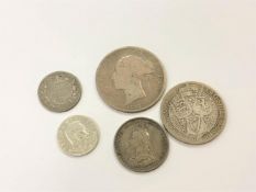 Four Victorian silver coins and a Serbian Peter I 50 Para 1915 (5)