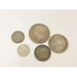 Four Victorian silver coins and a Serbian Peter I 50 Para 1915 (5)