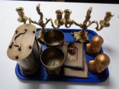 A tray of eight day anniversary clock, Indian brass goblets, pair of brass two way candelabrum,