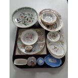 A tray of Wedgwood Jasperware, Worcester egg coddler, miniature Minton vase, Portmeirion comport,