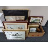 A blanket box and further box of assorted pictures and prints,