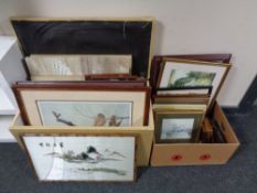 A blanket box and further box of assorted pictures and prints,