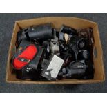 A box of vintage and later cameras, cased binoculars,