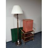 A gilt three tier tea trolley together with standard lamp with shade and loom box