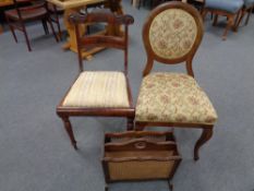 Two antique mahogany dining chairs together with a bergere magazine rack