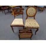 Two antique mahogany dining chairs together with a bergere magazine rack