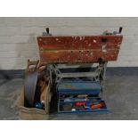 A Black and Decker workmate together with tool box and heat gun,