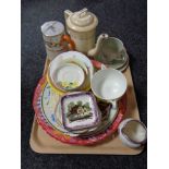 A tray of china, Masons plaque, copper lustre jug, Susie Cooper china trio, Art Deco teapot etc.