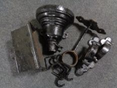 A box of antique cast iron drain hoppers, brackets,