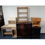 A Stag tv cabinet with matching audio cabinet, pine bedside stand and further bedside stand,
