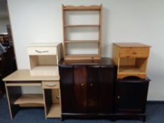 A Stag tv cabinet with matching audio cabinet, pine bedside stand and further bedside stand,