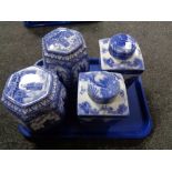 Two Ringtons Maling Cathedral tea caddies, two further willow pattern caddies.