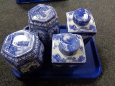 Two Ringtons Maling Cathedral tea caddies, two further willow pattern caddies.