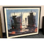 A mid century colour print depicting ships