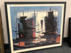 A mid century colour print depicting ships