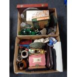Two boxes of West German jug and vase, glass decanters, jug and bowl, drawing set,
