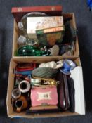 Two boxes of West German jug and vase, glass decanters, jug and bowl, drawing set,