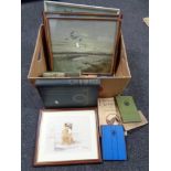 A box of Edwardian framed prints, Jill Evans signed picture of a terrier,