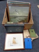 A box of Edwardian framed prints, Jill Evans signed picture of a terrier,