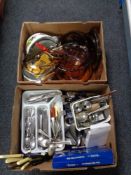 Two boxes of stainless steel items, cutlery, pyrex,