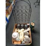 A box of rabbit ornaments, hurricane lamps, Buddha figures, Kilner drinks dispenser,