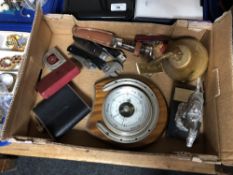 A box of horse shoe barometer, horse racing trophy, ship's bell, pocket knives, razor etc.
