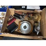 A box of horse shoe barometer, horse racing trophy, ship's bell, pocket knives, razor etc.